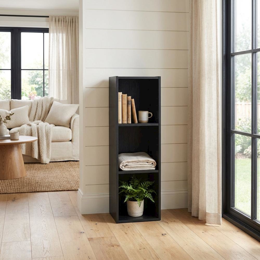 Wooden Bookcase in Black Finish with Spacious Shelves for Storage