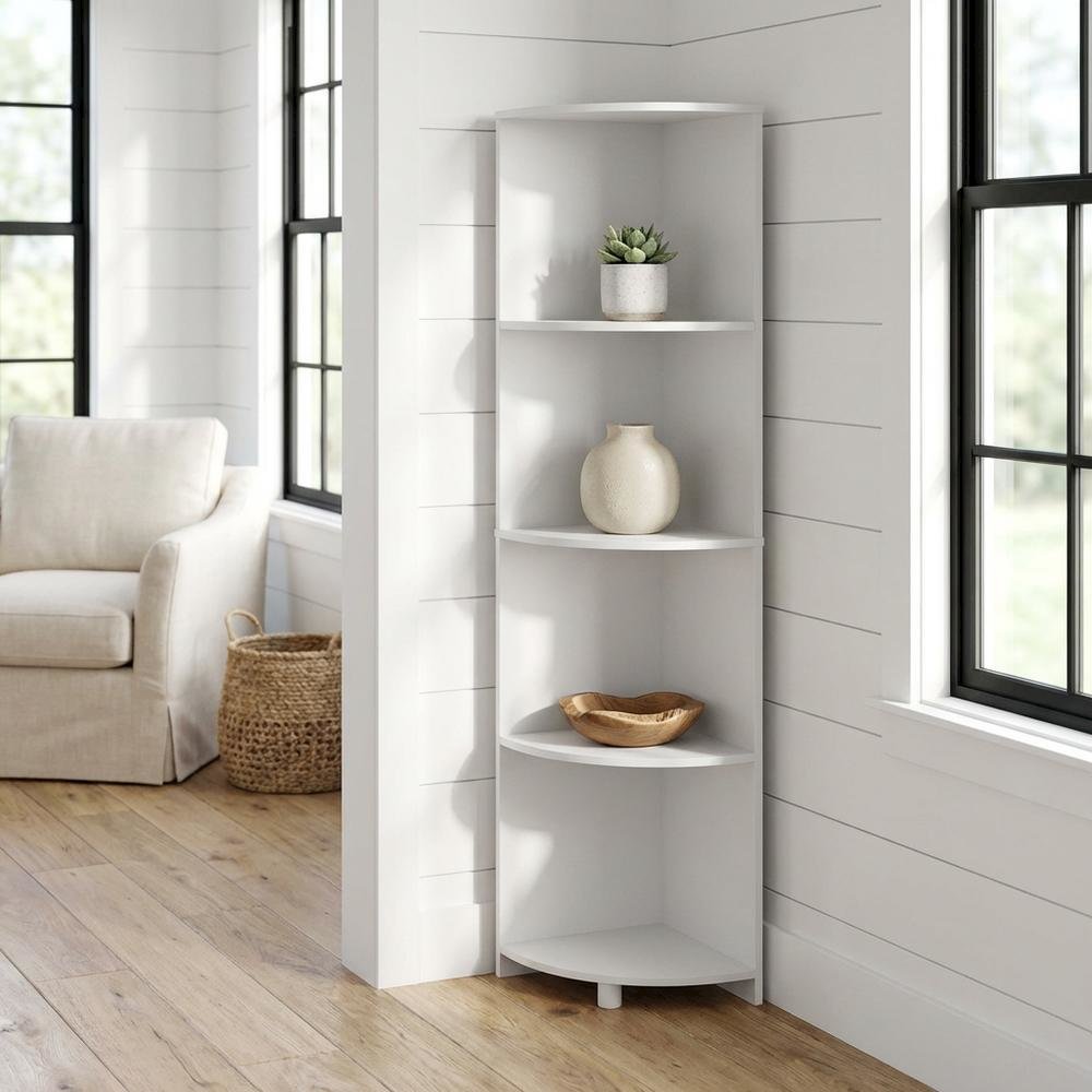 White 4-Tier Corner Shelf Bookcase with Sturdy Wooden Construction