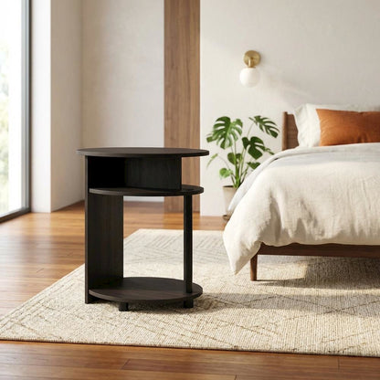 Walnut Oval Nightstand with Wooden Finish and Compact Design