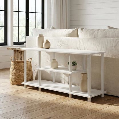 White 3-Tier TV Stand with Spacious Shelving and Durable Wood Finish