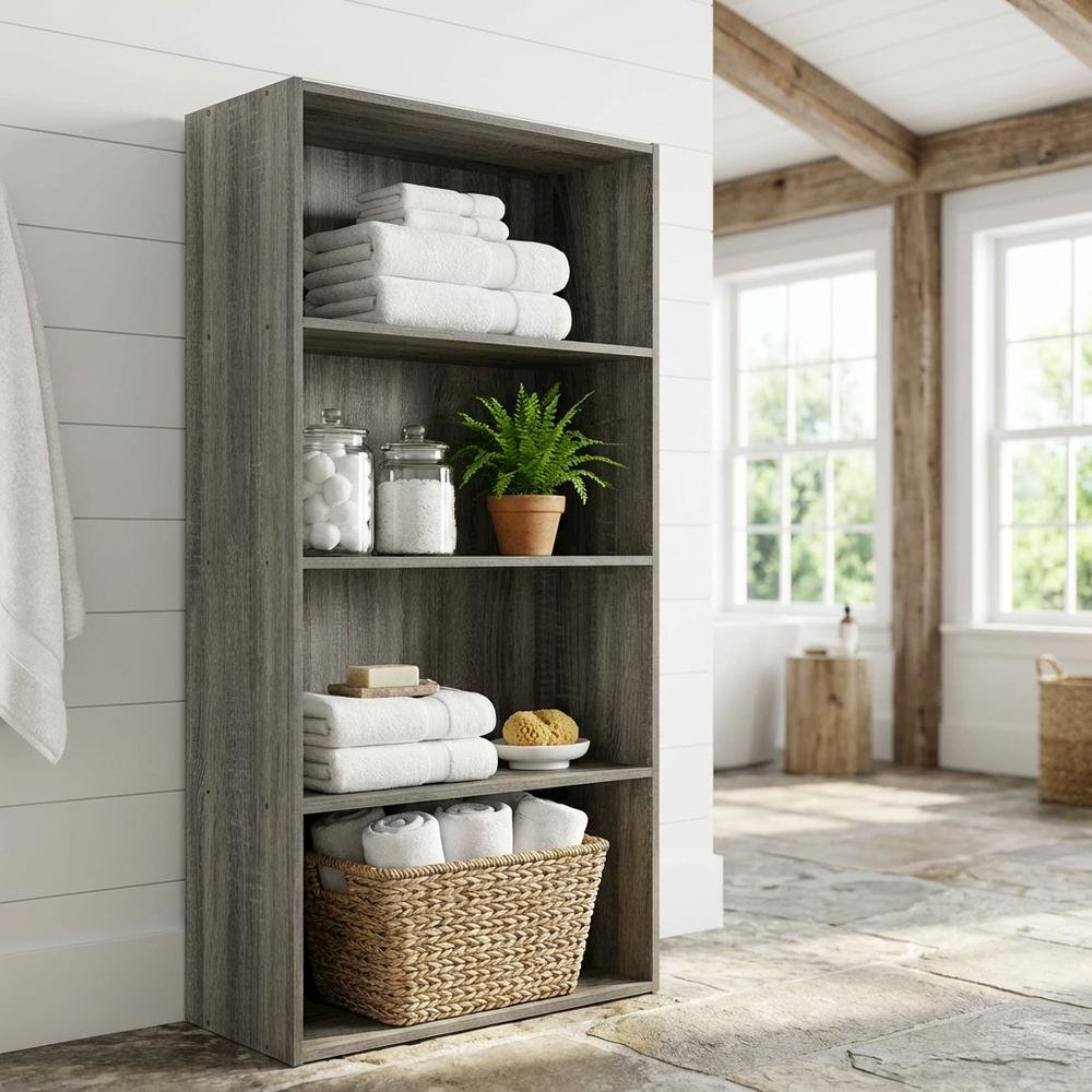 French Oak Grey 4-Tier Open Shelf Bookcase with Wooden Construction