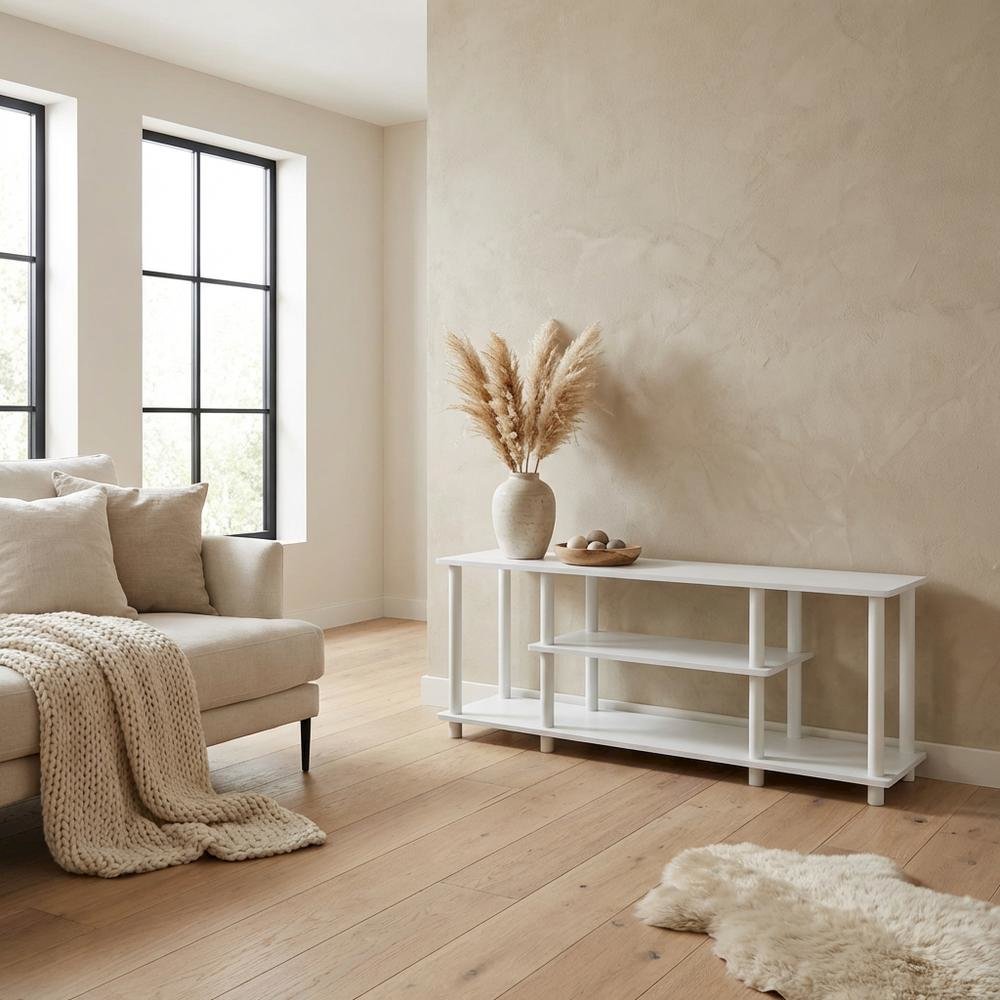 White 3-Tier TV Stand with Spacious Shelving and Durable Wood Finish