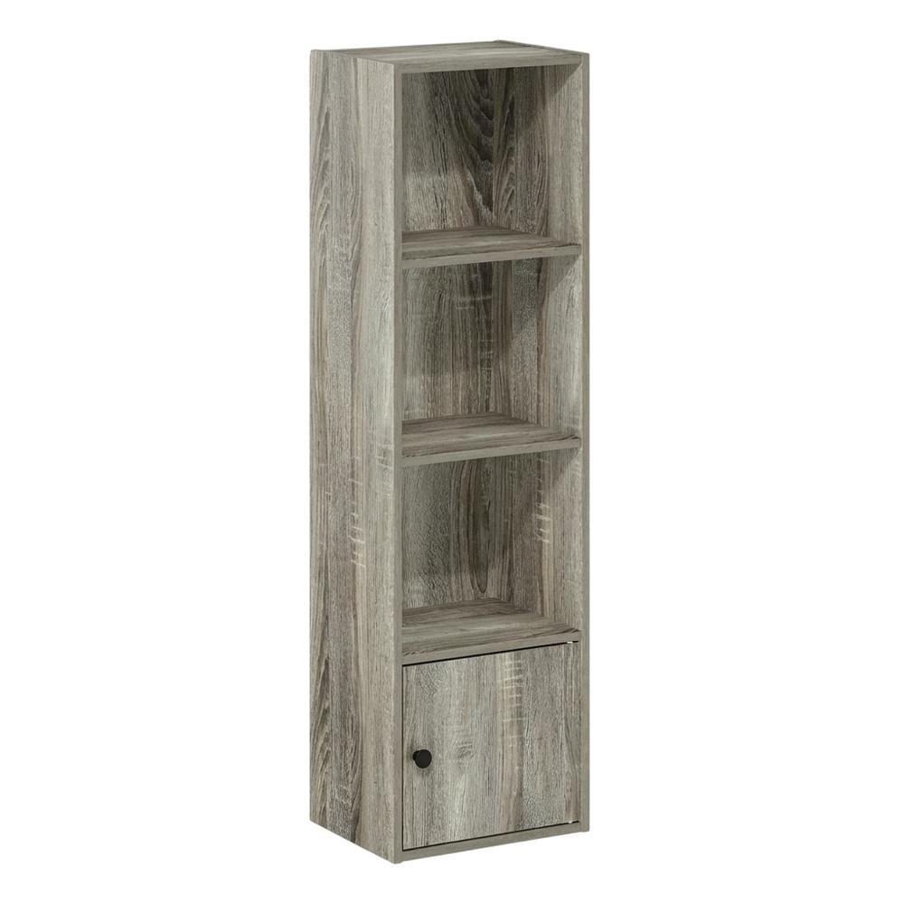 Wooden 4-Tier Shelf Bookcase with Door Storage in French Oak Finish