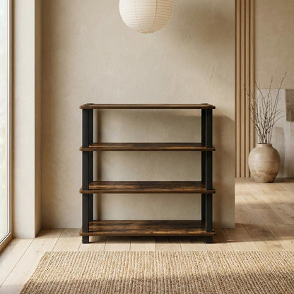 Brown 4-Tier Shoe Rack, Amber Composite Wood, PVC Tubes, Tool-Free