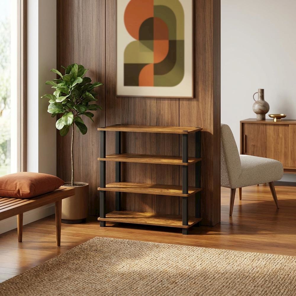 Brown 4-Tier Shoe Rack, Amber Composite Wood, PVC Tubes, Tool-Free