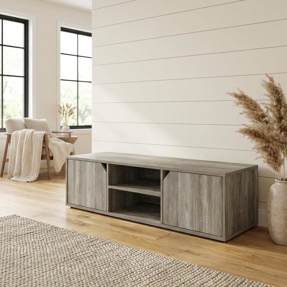 Wood TV Stand for Up to 55 Inch Displays in French Oak Finish with Modern Design