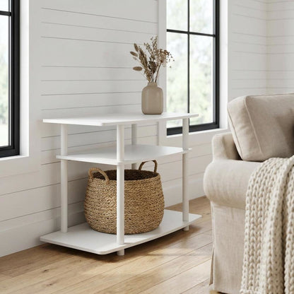 White 3-Tier TV Stand with Rubberwood & Walnut Veneers for Modern Living