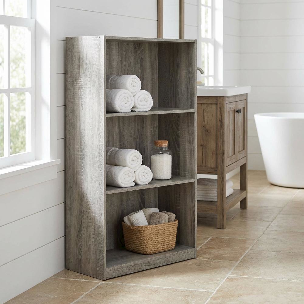 French Oak Grey 3-Tier Bookcase with Spacious Shelves for Home Storage
