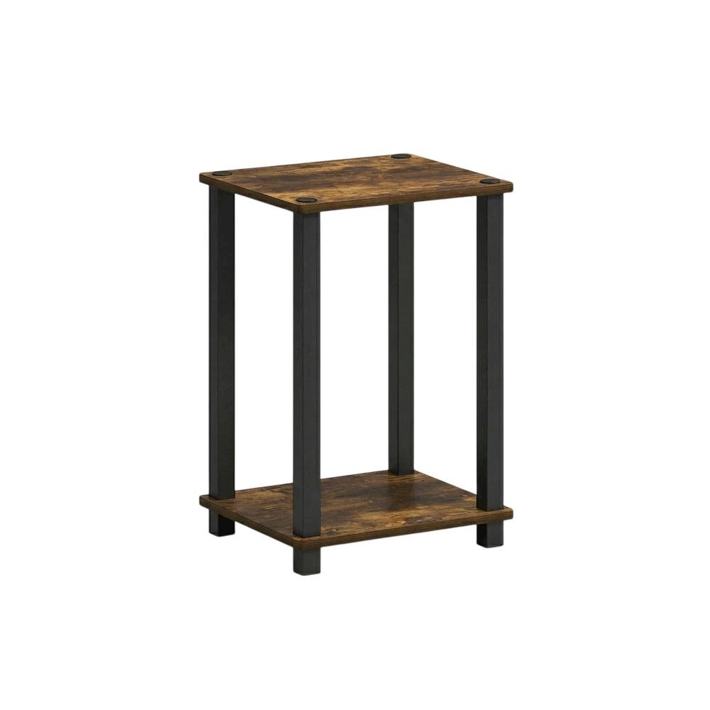 Wooden nightstand in amber pine finish with sleek black accents, compact design