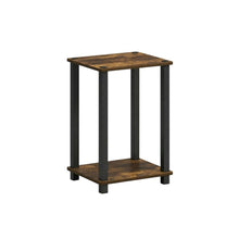 Wooden nightstand in amber pine finish with sleek black accents, compact design