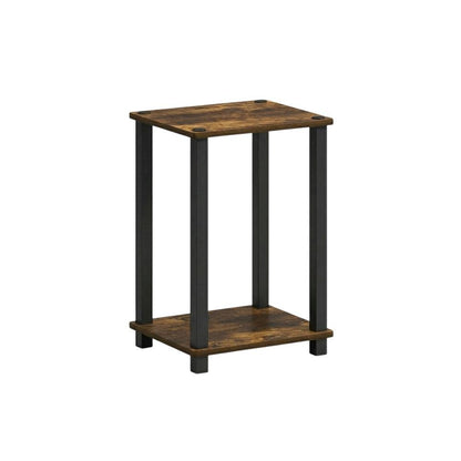 Wooden nightstand in amber pine finish with sleek black accents, compact design
