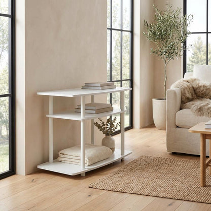 White 3-Tier TV Stand with Rubberwood & Walnut Veneers for Modern Living
