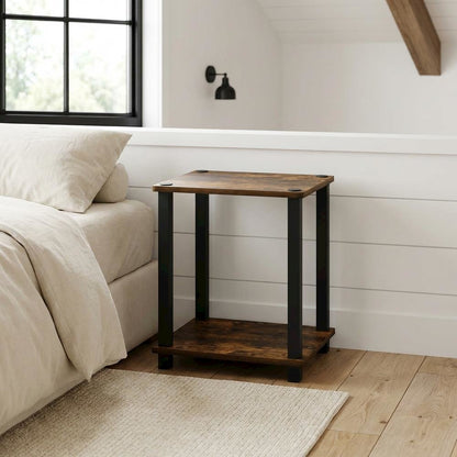 Wooden nightstand in amber pine finish with sleek black accents, compact design