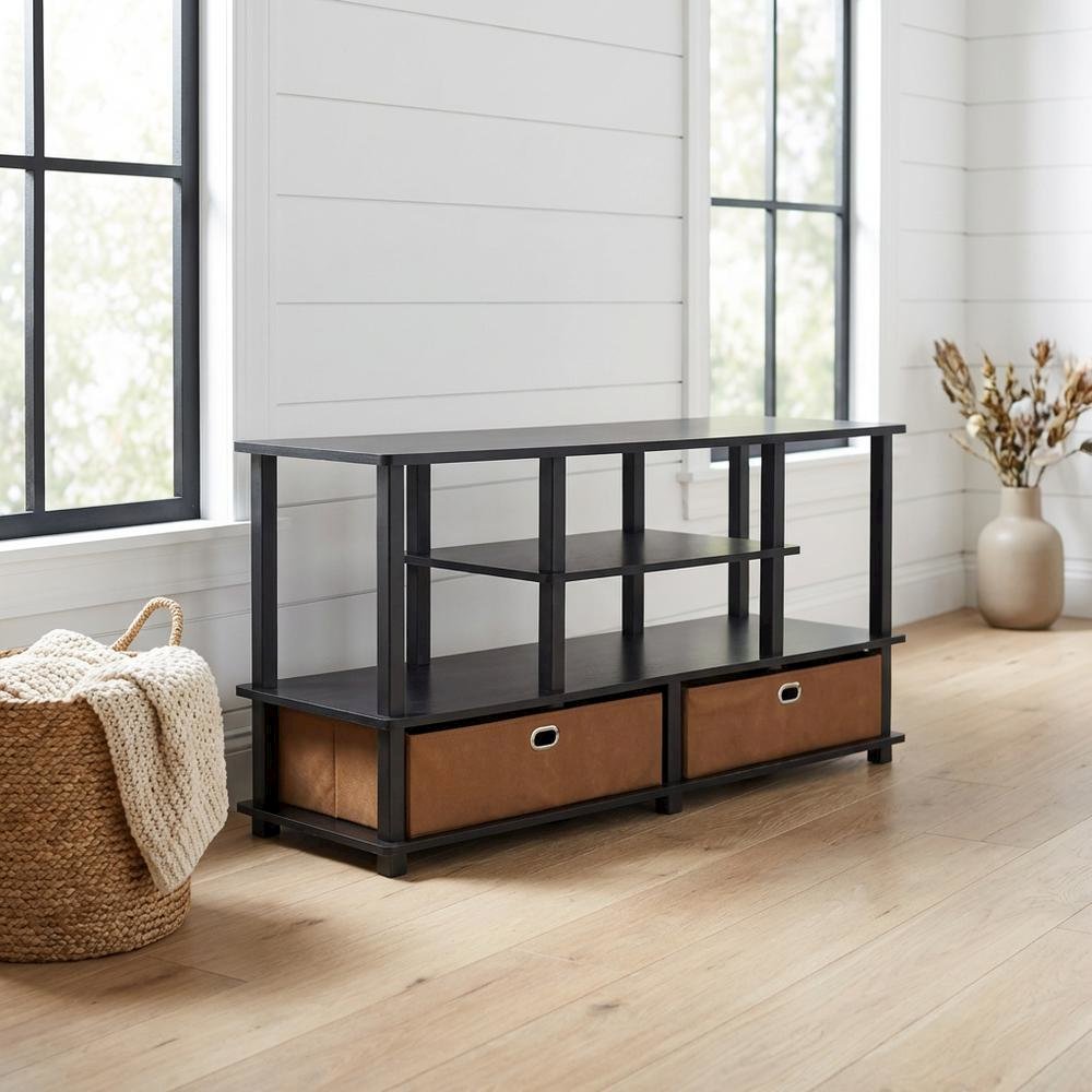 Large TV stand, up to 50-inch TV, storage bin, black composite wood