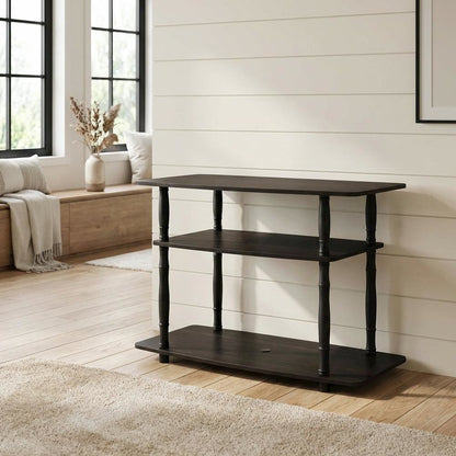 Espresso and Black Wood TV Stand with 3-Tier Open Shelves and Modern Design
