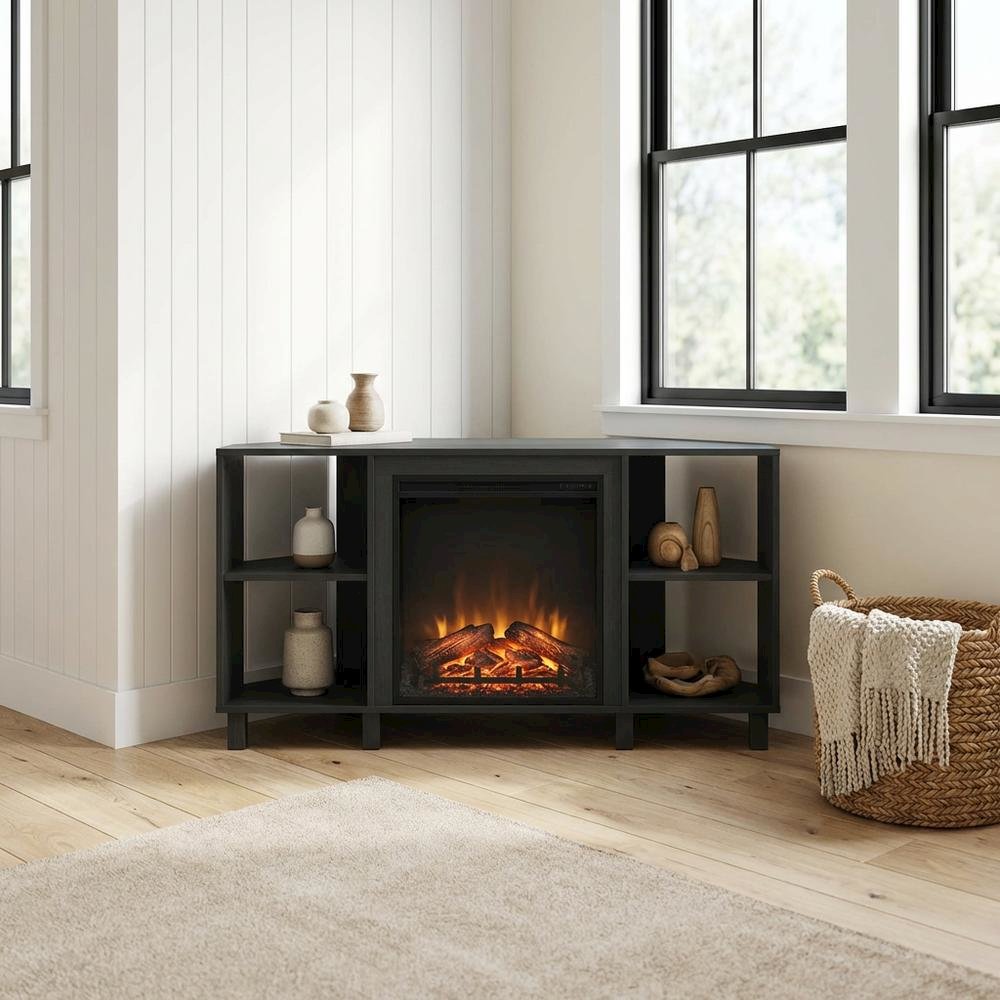 Brown electric fireplace corner TV stand with storage and media center features