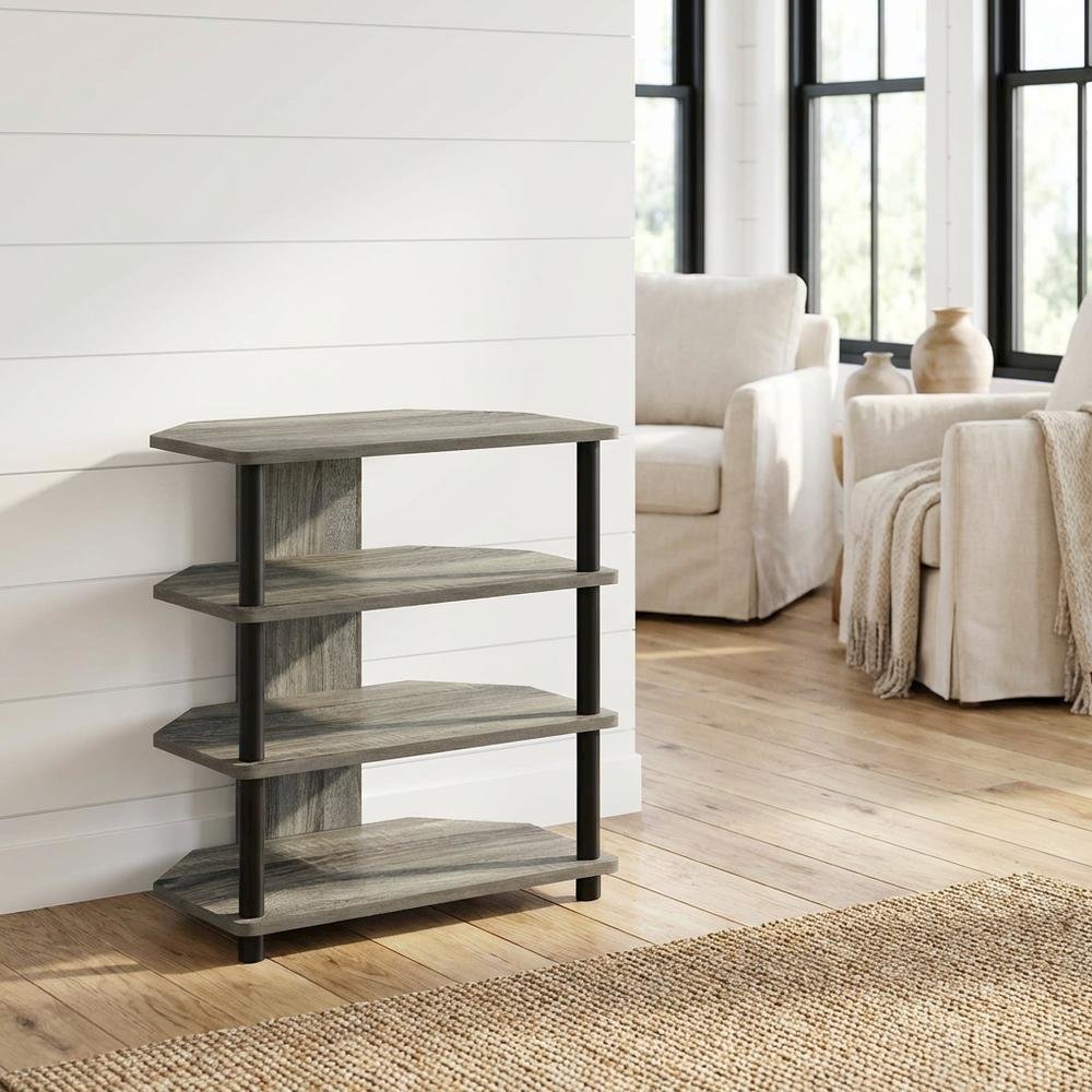 Wooden TV stand, French Oak Grey, Black finish, 4-Tier Storage, Living Room