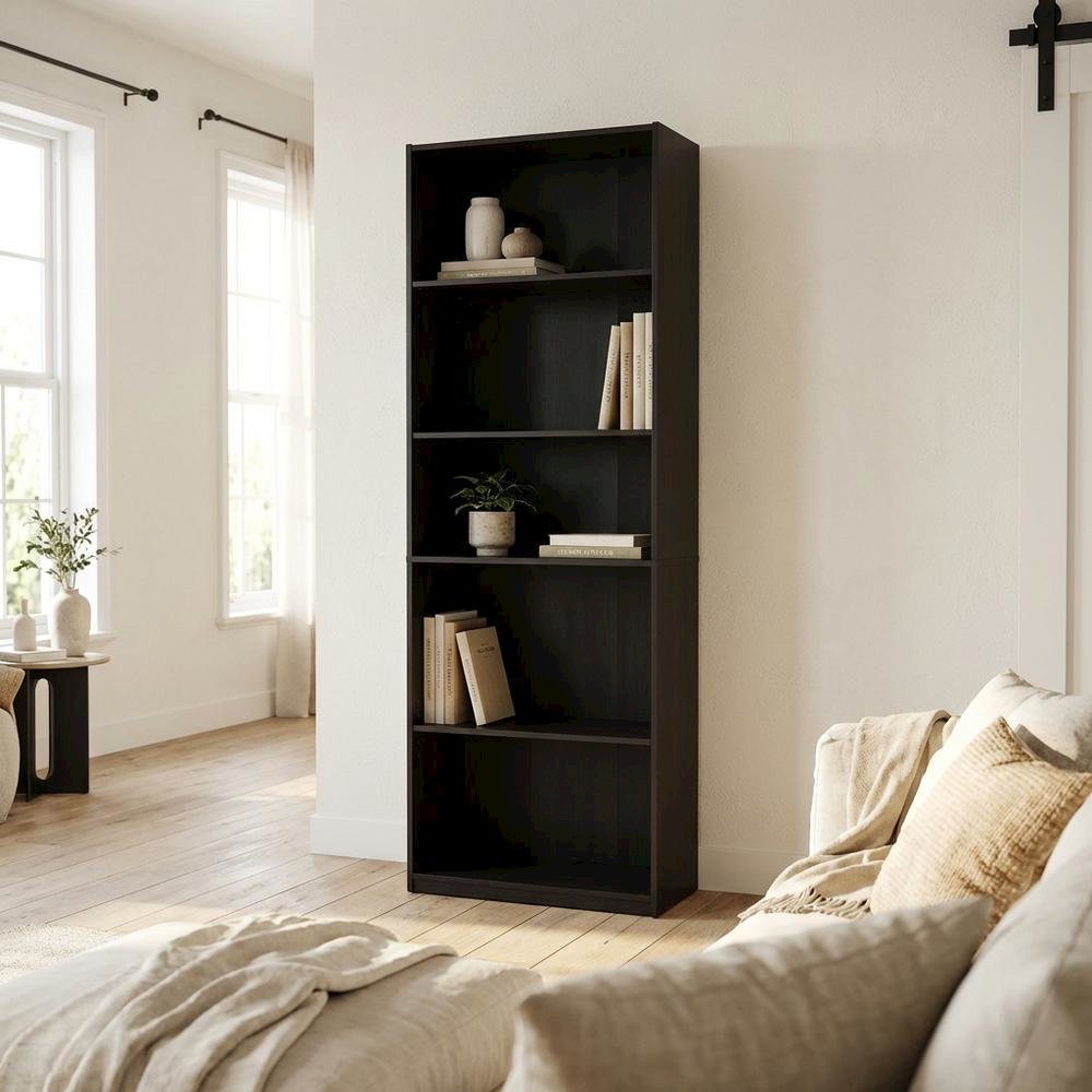 Wooden Bookcase in Finish with Adjustable Shelves for Home Office