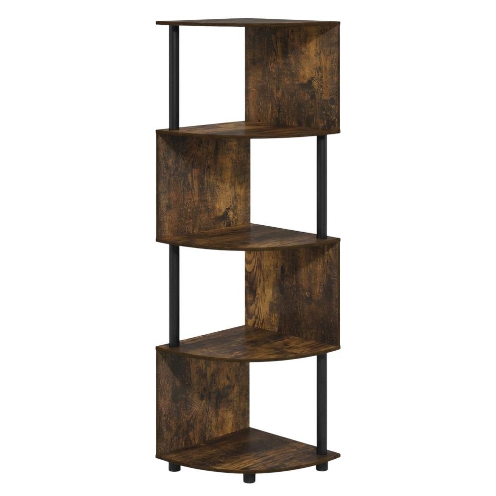 Amber Pine and Black 4-Tier Zigzag Corner Shelf Bookcase, Multi-Level Storage