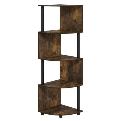 Amber Pine and Black 4-Tier Zigzag Corner Shelf Bookcase, Multi-Level Storage