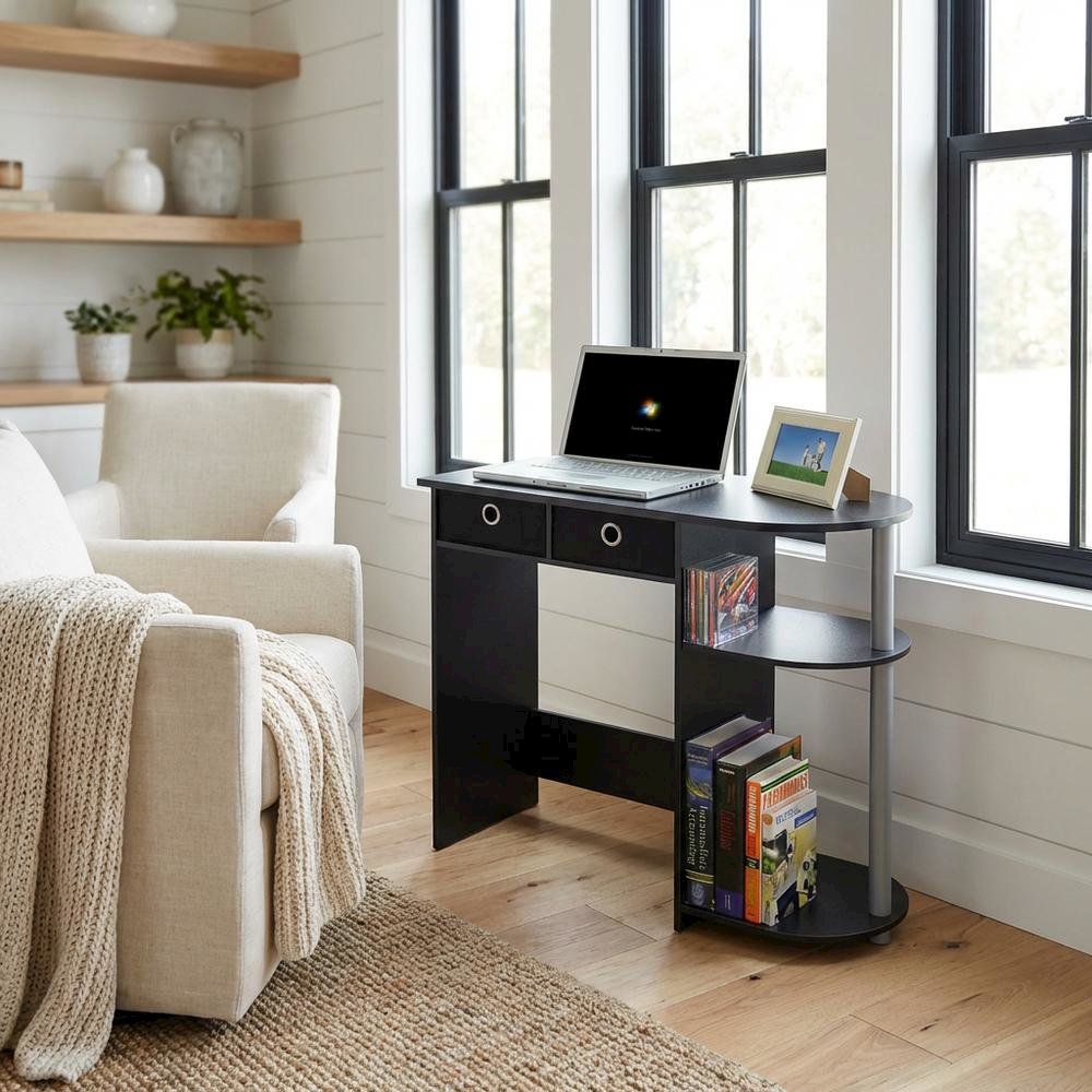 Black and Grey Computer Desk with Spacious Surface and Modern Design