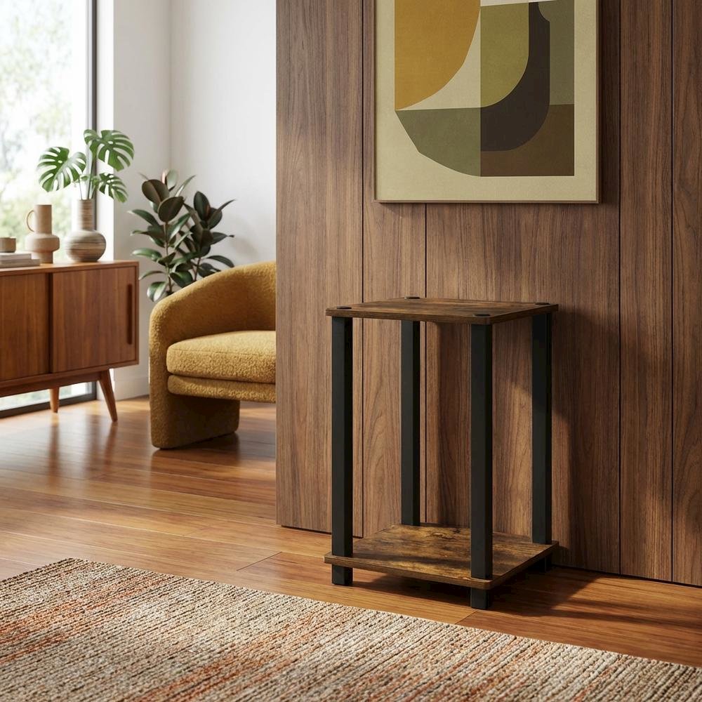 Small Amber Pine and Black End Table with Sleek Design