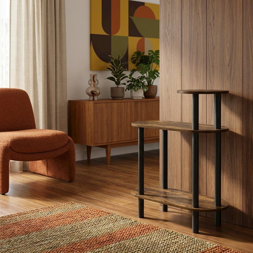 Amber Pine and Black 3-Tier Oval Side Table with Open Shelves for Living Room