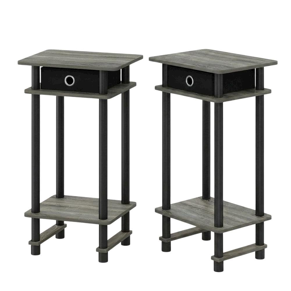French Oak Grey and Black End Table Set with Storage Bins, Modern Style