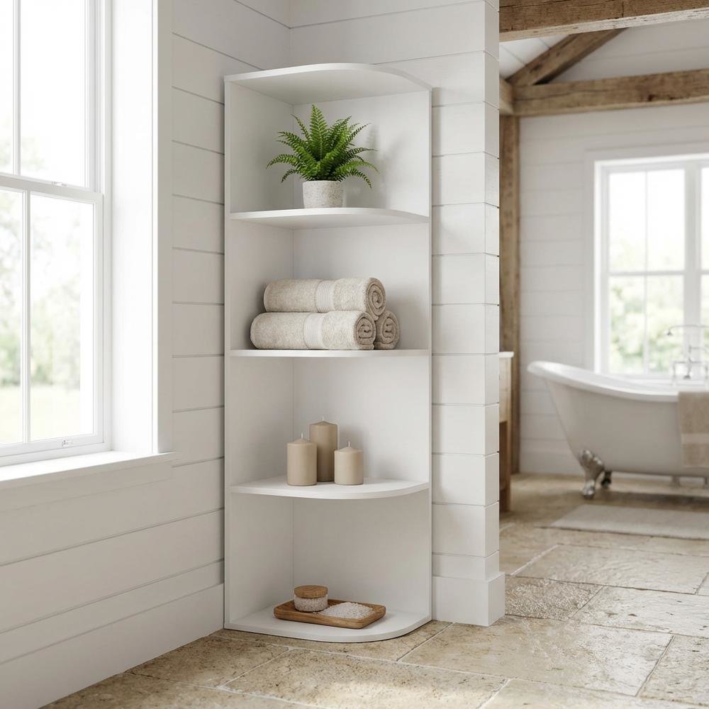 White 4-Tier Corner Open Shelf Bookcase with Durable Wood Construction