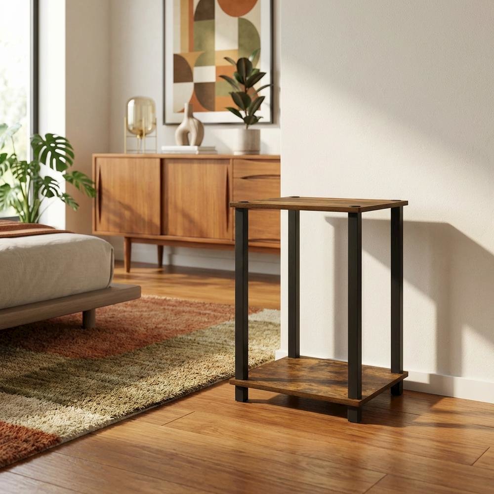 Wooden nightstand in amber pine finish with sleek black accents, compact design