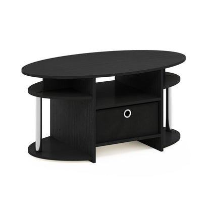 JAYA Simple Design Oval Coffee Table with Bin, Americano, Stainless Steel Tubes