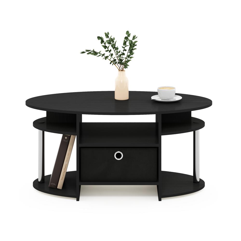 JAYA Simple Design Oval Coffee Table with Bin, Americano, Stainless Steel Tubes