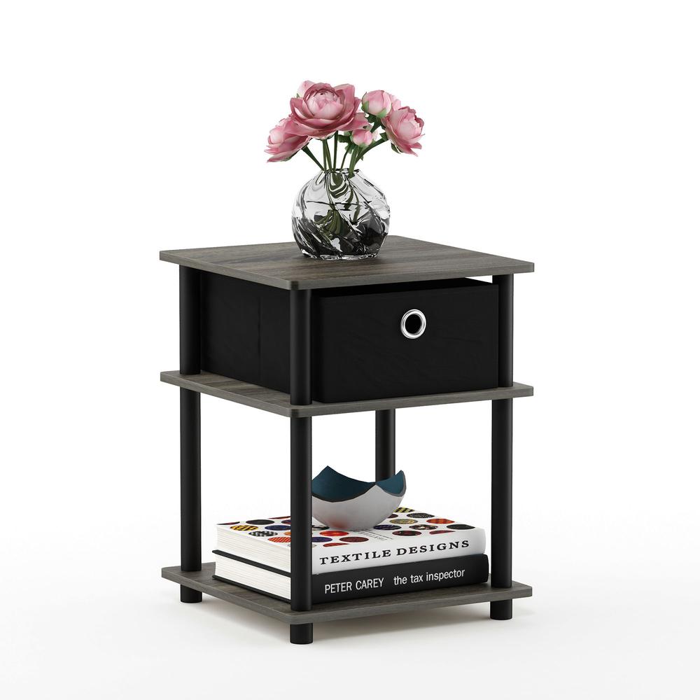 Turn-N-Tube 3-Tier End Table with Storage Bin, French Oak Grey/Black/Black, 18063GYW/BK/BK