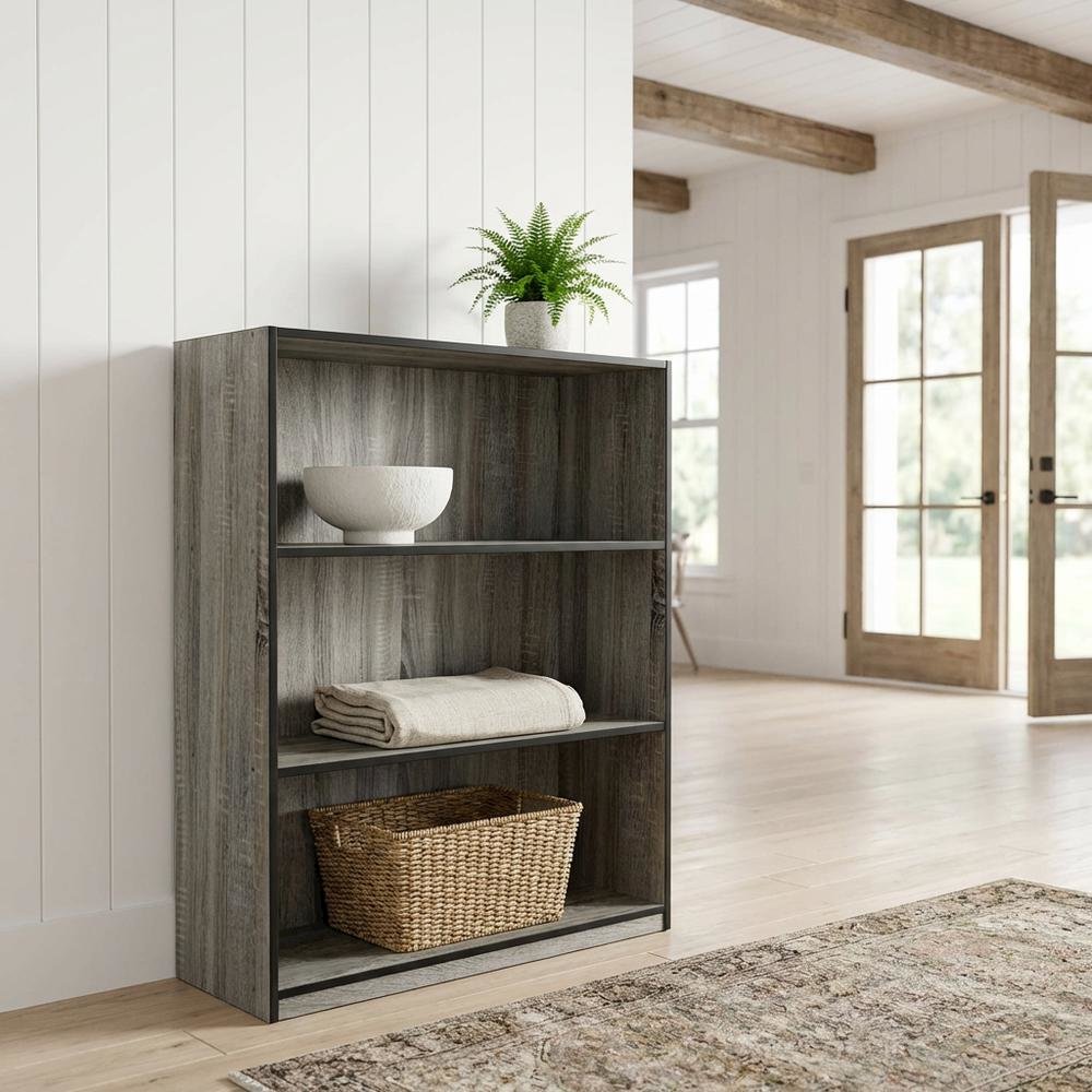 Grey 3-Tier Bookcase with Wood Shelves for Organized Storage