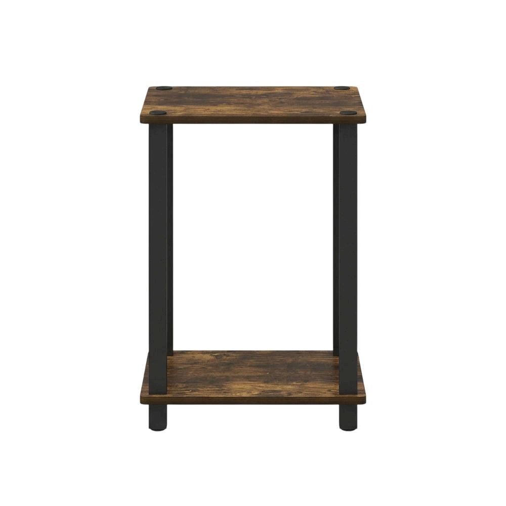 Wooden nightstand in amber pine finish with sleek black accents, compact design