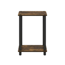 Wooden nightstand in amber pine finish with sleek black accents, compact design