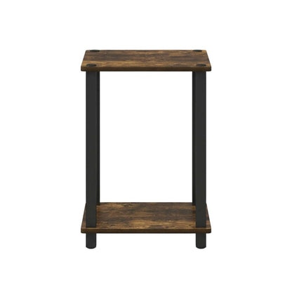 Wooden nightstand in amber pine finish with sleek black accents, compact design