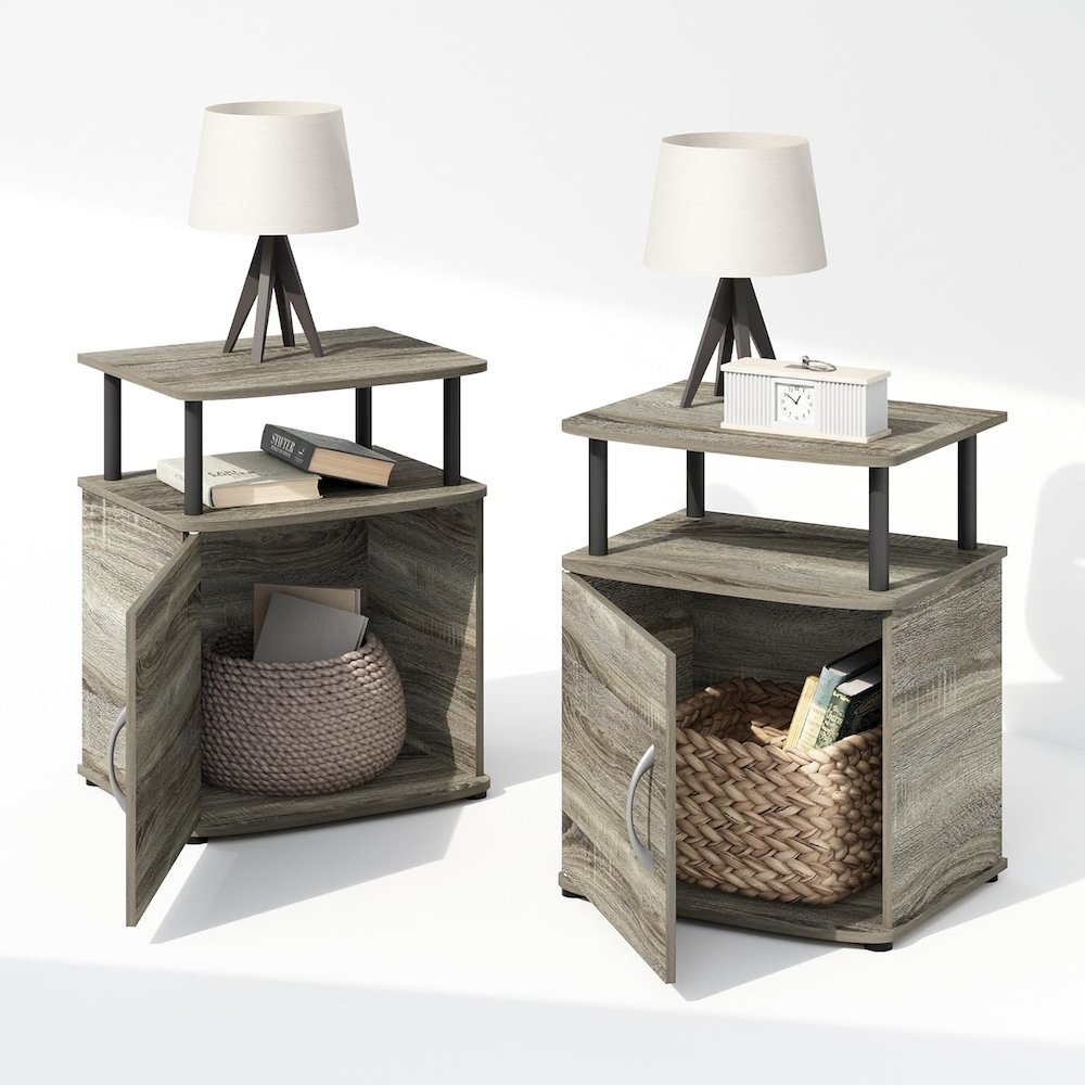 Brown Wooden Night Stand Set 2 with Open Shelf and Closed Storage Cabinet