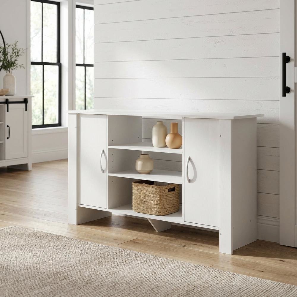 White TV Stand with Wood Finish and Storage Shelves