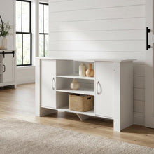 White TV Stand with Wood Finish and Storage Shelves