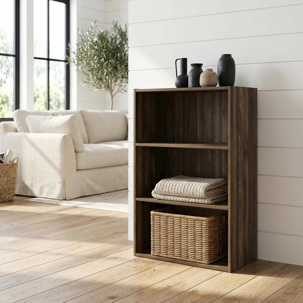 3-Tier Open Shelf Bookcase in Columbia Walnut Wood for Storage
