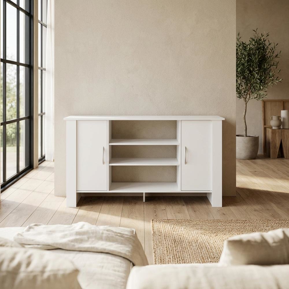 White TV Stand with Wood Finish and Storage Shelves