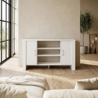 White TV Stand with Wood Finish and Storage Shelves