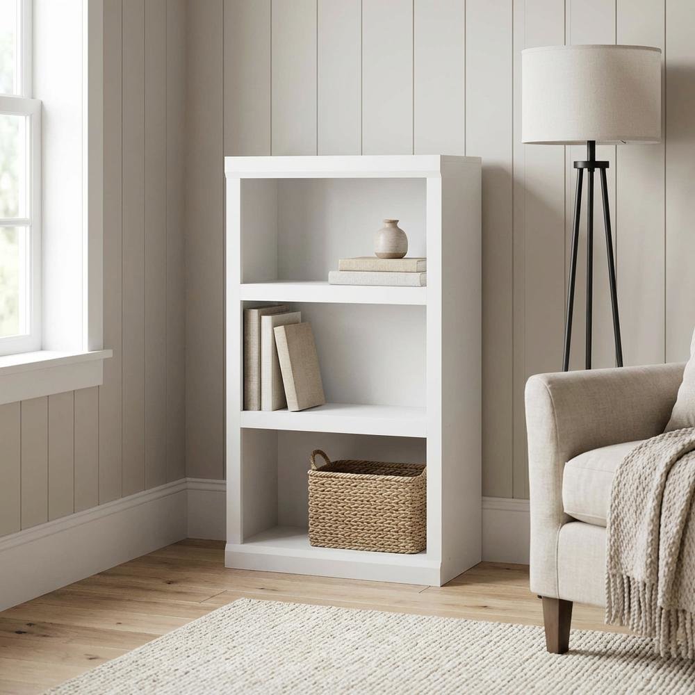 Wooden White Bookcase with Spacious Shelves for Living Room Storage