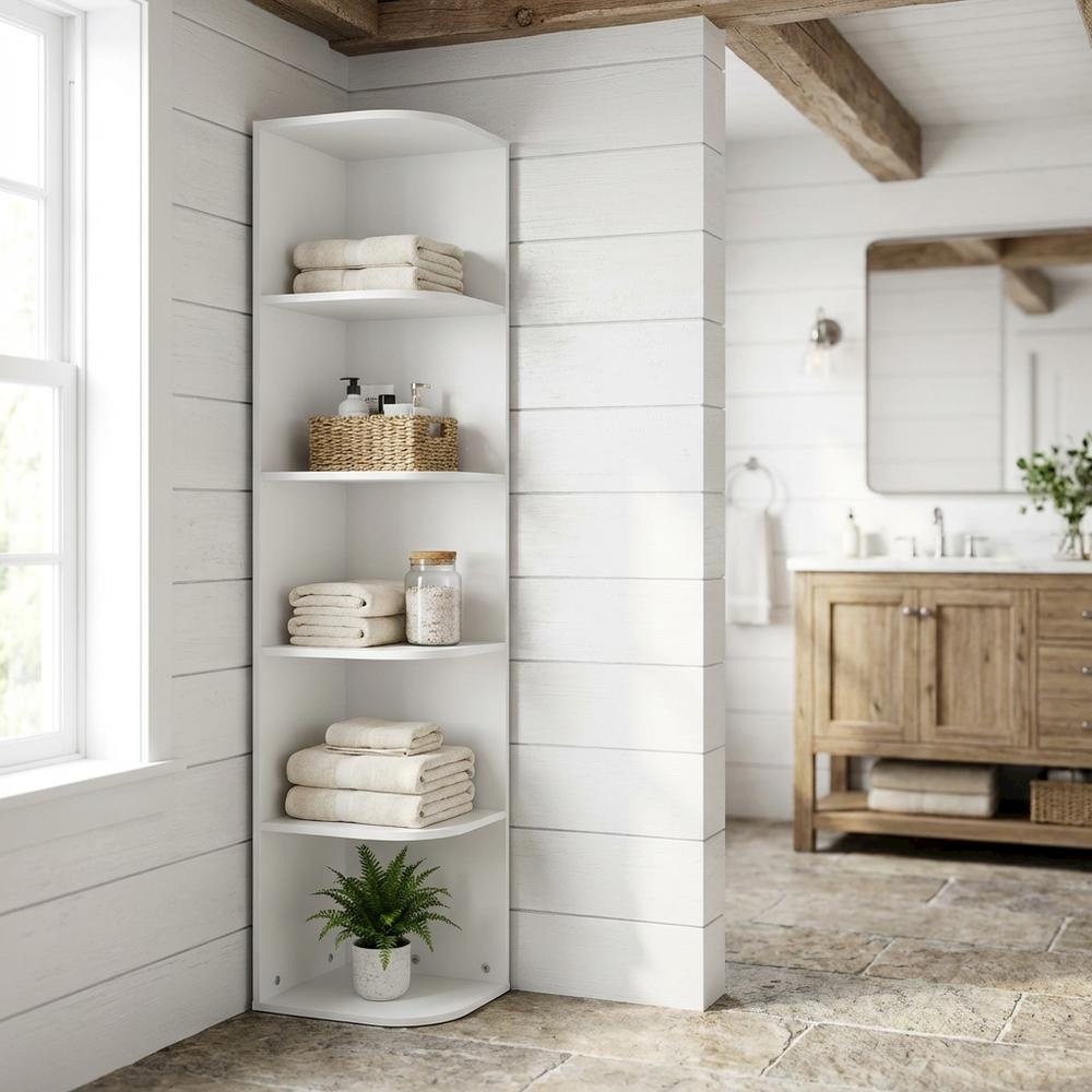 White 5-Tier Corner Bookcase with Open Shelving for Living Spaces