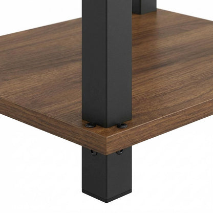 Wooden nightstand in amber pine finish with sleek black accents, compact design