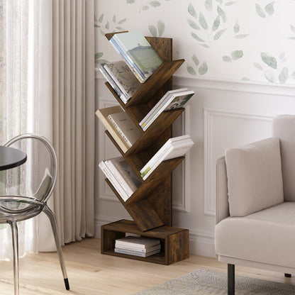 Tree Bookshelf 7-Tier Floor Standing Tree Bookcase with Bottom Shelf, Amber Pine