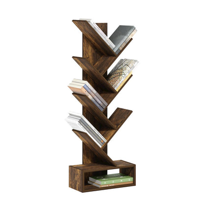 Tree Bookshelf 7-Tier Floor Standing Tree Bookcase with Bottom Shelf, Amber Pine