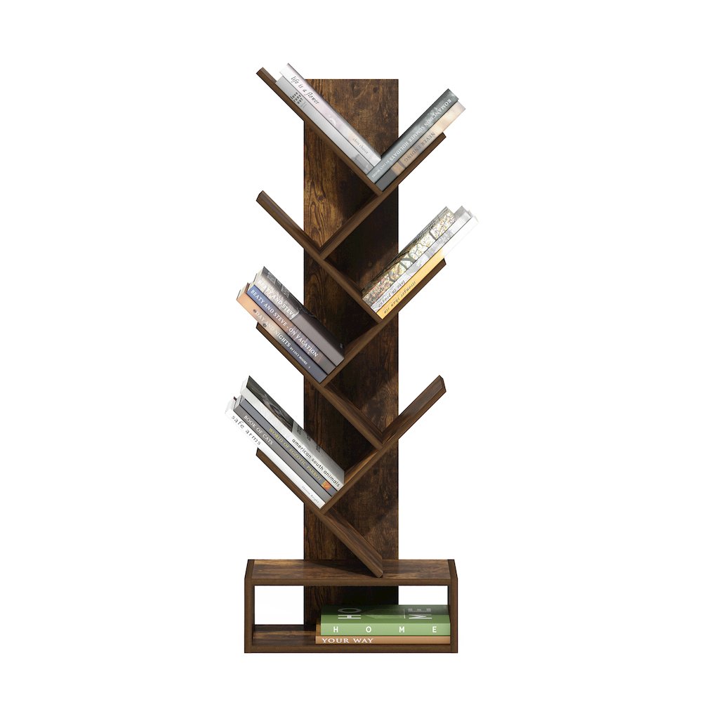 Tree Bookshelf 7-Tier Floor Standing Tree Bookcase with Bottom Shelf, Amber Pine