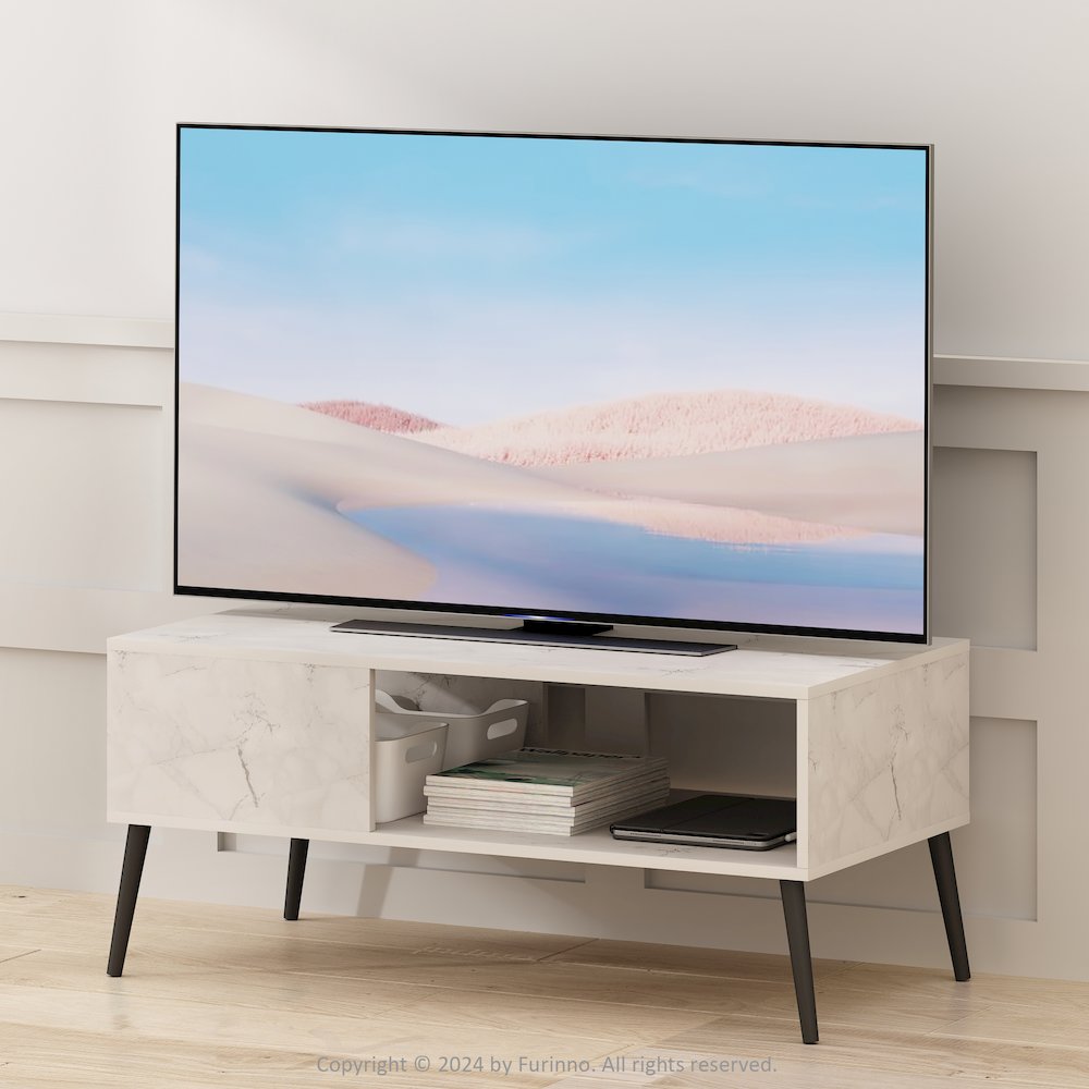 Claude Mid Century Style TV Stand for TV up to 40 with Wood Legs, Marble White